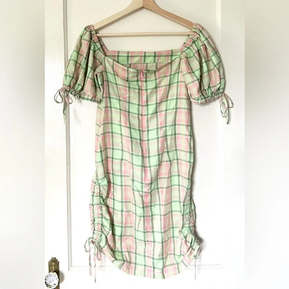 NWT Ragged Priest‎ Memory Cotton Mini Dress Green Pink Plaid XS - Picture 7 of 10